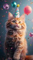 Cheerful cat celebrates birthday with balloons and confetti in a festive atmosphere photo