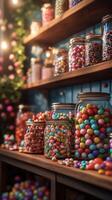Colorful display of assorted candies in jars on wooden shelves at a local candy shop photo