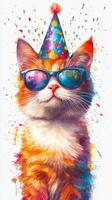 Colorful cat celebrating with a party hat and sunglasses in a vibrant, playful setting full of splashes photo
