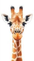 Giraffe with expressive eyes gazes directly at the viewer against a plain background photo