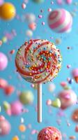 Colorful swirling lollipop surrounded by candy in a vibrant festive setting photo