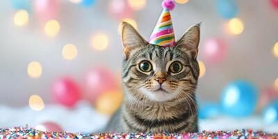 Cat wearing a colorful party hat at a joyful celebration with balloons and confetti in a festive atmosphere photo