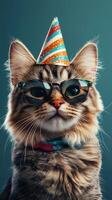 Cat in festive party hat and sunglasses with a playful expression celebrating a cheerful occasion indoors photo
