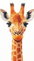 Giraffe with expressive eyes and vibrant coat showcasing intricate patterns in a neutral background photo