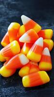 Colorful candy corn stacked on a dark surface ideal for autumn celebrations and Halloween festivities photo