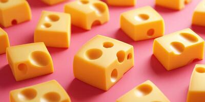 Colorful cheese blocks arranged on a vibrant pink background creating a playful display suitable for food-themed decor photo
