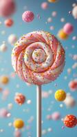 Colorful lollipop surrounded by floating candies on a bright blue background celebrating sweetness and fun photo