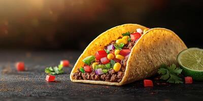 Delicious taco filled with seasoned meat and fresh vegetables on a dark surface with lime photo