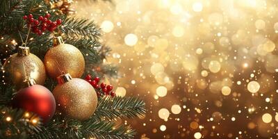 Festive Christmas tree decorations shining against a warm golden background with sparkling lights photo