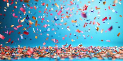 Colorful confetti falls against a bright blue background during a festive celebration photo