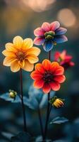Brightly colored dahlias bloom in a garden during late afternoon with soft sunlight illuminating their petals photo