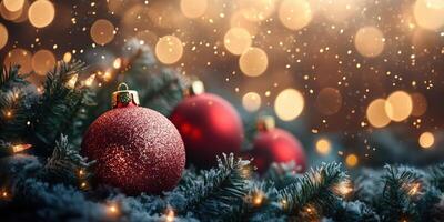 Festive red ornaments gleaming among evergreen branches with twinkling lights and soft snowflakes during the holiday season photo