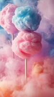 Colorful cotton candy surrounded by vibrant clouds in a whimsical setting during a festive fair photo