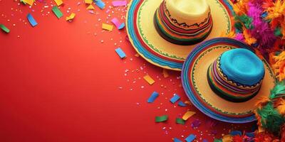 Colorful sombreros with festive confetti and decorations set against a vibrant red background during a celebration photo