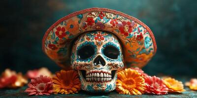 Colorful sugar skull adorned with flowers and a traditional hat, symbolizing celebration and remembrance photo