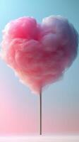 Cotton candy shaped like a heart stands against a pastel blue background evoking sweetness and playfulness at a festive fair photo