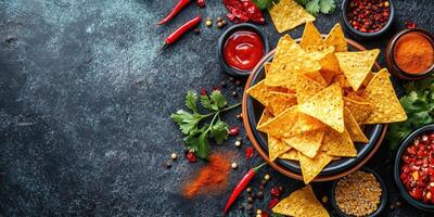 Enjoying a vibrant platter of nachos with assorted toppings and spices on a dark textured surface photo