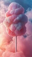 Colorful cotton candy rises through colorful smoke at a funfair during sunset, creating a whimsical and dreamy atmosphere photo