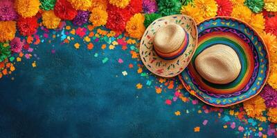 Colorful decorations and sombreros create a festive atmosphere for a celebration photo