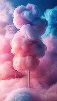 Colorful cotton candy creation surrounded by swirling pastel clouds in a whimsical backdrop of sweet delights photo