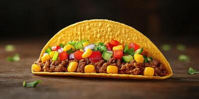 Delicious taco filled with seasoned beef, fresh vegetables, and corn on a rustic wooden table photo