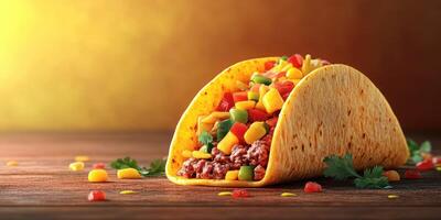 Colorful taco filled with meat and fresh vegetables on a wooden table photo