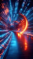 Vibrant neon tunnel illuminated by dynamic lights and colors in a futuristic setting photo