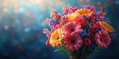 Vibrant bouquet of assorted flowers in a decorative vase against a blurred colorful background photo
