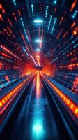 Futuristic tunnel with glowing lights creating a vibrant and dynamic visual experience at high speed photo
