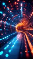 Colorful digital tunnel with glowing lights and flowing patterns in vibrant blue and orange hues photo