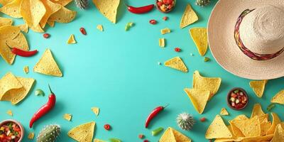 Colorful party spread with tortilla chips, fresh salsa, and decorative elements on a vibrant background photo