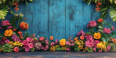 Vibrant floral arrangement against a rustic blue wooden background creating a lively atmosphere for celebrations photo