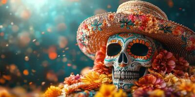 Colorful skull adorned with flowers and a sombrero celebrates cultural traditions during a festive event photo
