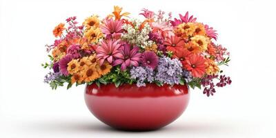Bright and vibrant floral arrangement with assorted flowers in a red bowl during springtime photo