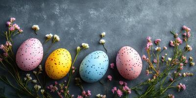 Colorful Easter eggs arranged with flowers on a gray background for seasonal celebration in spring photo