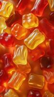 Colorful gummy candies arranged closely for a vibrant display at a candy shop on a sunny afternoon photo