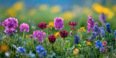 Vibrant wildflowers bloom in a lush meadow under a clear blue sky during springtime photo