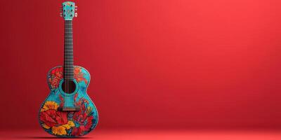 Colorful acoustic guitar with floral design set against a vibrant red background showcasing artistic craftsmanship photo