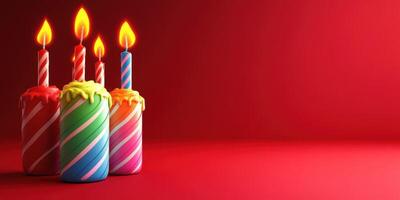 Celebratory birthday candles on colorful cakes against a vibrant red backdrop photo