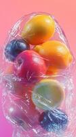 Colorful assortment of fresh fruits wrapped in clear plastic held against a vibrant background photo