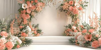 Decoration of a floral stage designed with pink and white flowers for a special event in a serene indoor location photo