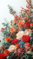 Colorful arrangement of fresh flowers featuring roses, ranunculus, and greenery on a plain background photo