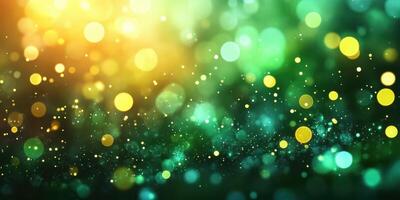Bright and vibrant bokeh background with green and yellow tones creating a magical atmosphere at dusk photo