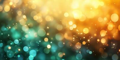 Colorful bokeh patterns create a dreamy atmosphere with golden and teal hues in a soft glowing background photo