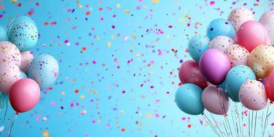 Colorful balloons and confetti create a festive atmosphere for celebration in a bright setting photo
