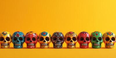 Colorful decorative skulls arranged in a row celebrating folklore and tradition during a festive occasion photo