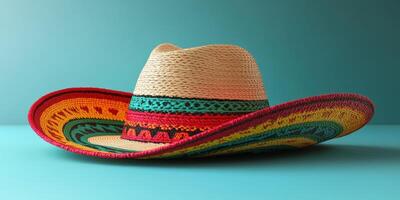 Colorful sombrero displayed on a teal surface showcasing traditional Mexican craftsmanship and design elements photo