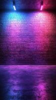 Vibrant neon lights illuminating a textured brick wall in a modern urban setting at night photo