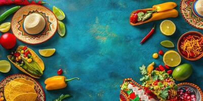 Vibrant Mexican fiesta spread with tacos, colorful vegetables, and fresh ingredients on a textured blue table photo