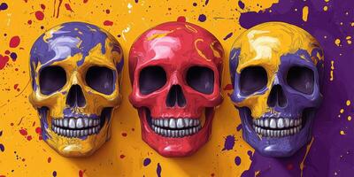 Colorful skull decorations displayed on a vibrant background during a festive celebration photo